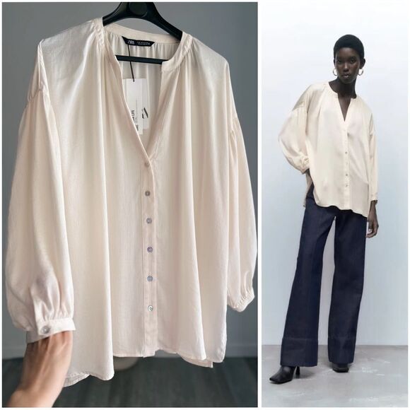 ZARA SATIN EFFECT JACQUARD BLOUSE ECRU - Picture 1 of 10